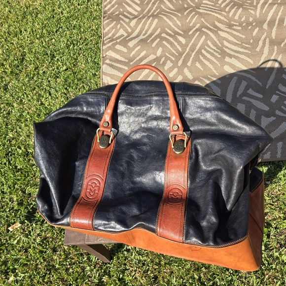 Marino Orlandi Duffle Weekender Travel Bag Italy Leather Black Brown 24x13x10" - Picture 2 of 15